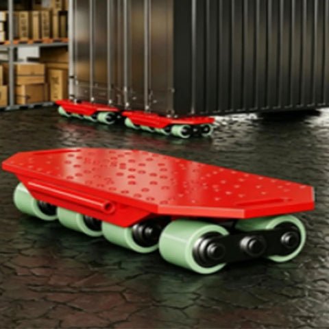 Heavy Duty Machine Dolly Low Profile Moving Cart With Thickened Steel Plate, red with multi wheels, in a workshop setting.