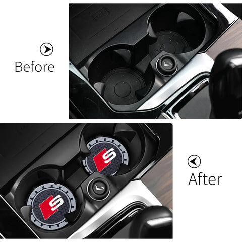 Audi S Line Recessed Silicone Cup Holder Coaster Set for Car Interiors Durable Two Pack Protectors in cupholders before and after installation