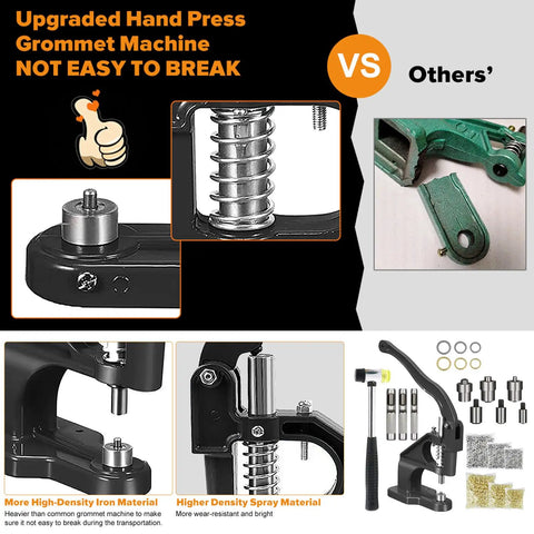 Comparing upgraded hand press grommet machine with others, highlighting durability and parts, ideal for heavy-duty grommet use.