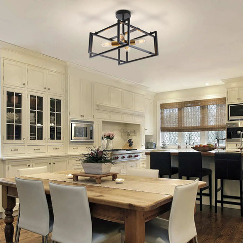 Industrial Farmhouse 4 Light Semi Flush Mount Ceiling Fixture In Black And Gold Metal Close To Ceiling in modern kitchen