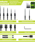 Heavy Duty Countersink Drill Bit Set For Woodworking Packs Adjustable Depth Tapered Bits with 16 pieces including plug cutters and drills.