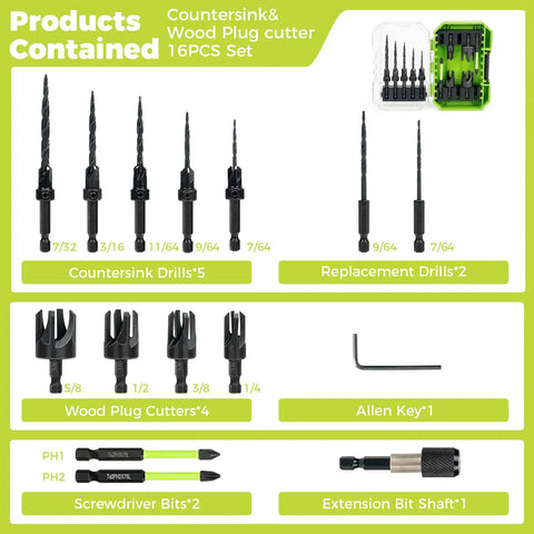 Heavy Duty Countersink Drill Bit Set For Woodworking Packs Adjustable Depth Tapered Bits with 16 pieces including plug cutters and drills.