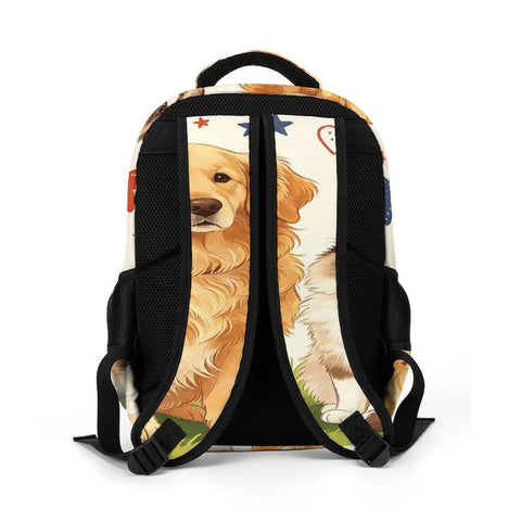 Back view of Heart And Bone Pet Pals Printed Unisex Backpack showcasing padded straps and pet design on durable polyester material.