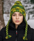 Woman wearing Cozy Winter Wool Knit Beanie With Fleece Lined Earflaps For Cold Weather Ski And Mountaineering, green-yellow pattern