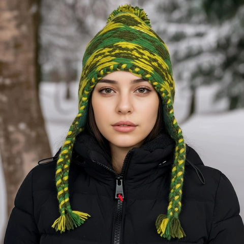 Woman wearing Cozy Winter Wool Knit Beanie With Fleece Lined Earflaps For Cold Weather Ski And Mountaineering, green-yellow pattern