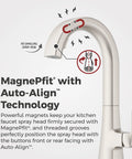 Pfister Vaneri Kitchen Faucet with Pull Down Sprayer, Stainless Steel showing MagnePfit and Auto-Align technology features.