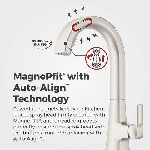 Pfister Vaneri Kitchen Faucet with Pull Down Sprayer, Stainless Steel showing MagnePfit and Auto-Align technology features.