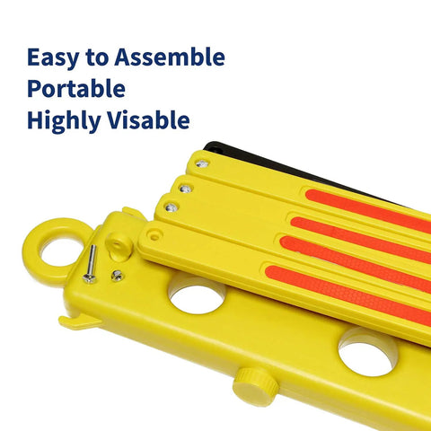 Close-up of 8 Ft Folding Traffic Barrier Fence With Reflectors showing yellow folded panels and reflectors, portable design.