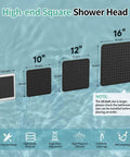 Diagram showing size comparison of square shower heads including Big Ol 16 Inch Square Stainless Steel Rain Shower Head With High Pressure.