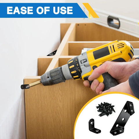 Using a drill to install Twenty Pack Universal Stainless Steel Corner Brackets 90 Degree L Shape And Trapezoid Wood Furniture Connectors.