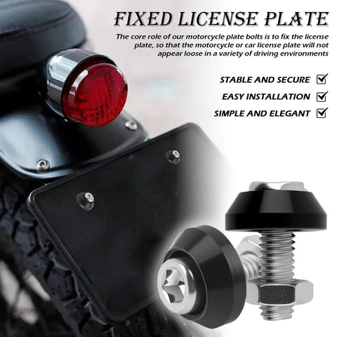 4Pcs Motorcycle License Plate Screw Kit with close-up of sturdy bolts and secure fastening on a vehicle license plate.