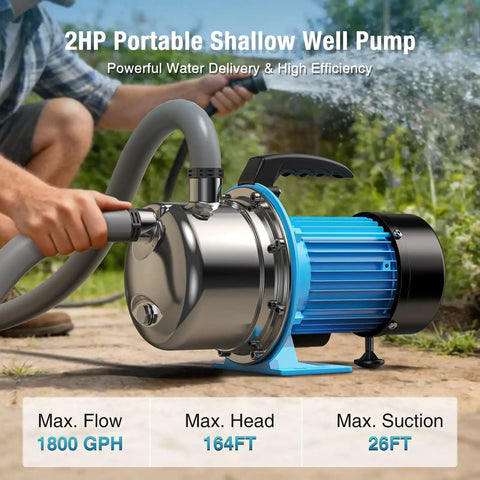 Man using 2HP Portable Shallow Well Pump For Home Use 1800 GPH Water Transfer Pump 110V Stainless Steel Garden Booster