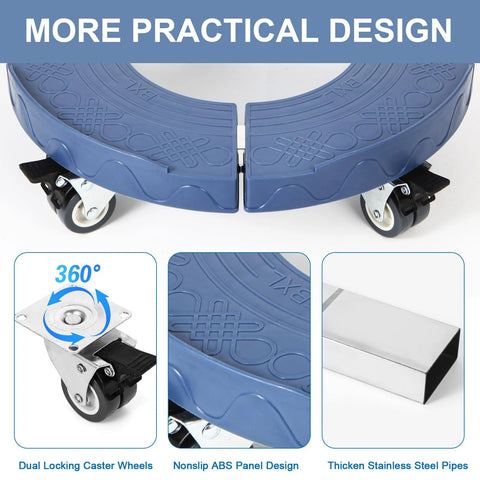Round Trash Can Dolly With Wheels, Heavy Duty 440 Lb Capacity, Adjustable 15 To 19 Inch Diameter, Four Locking Swivel Wheels, Blue
