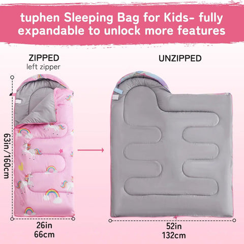 Kids Sleeping Bag For 3 4 Seasons With Compression Sack, pink unicorn design, shown zipped and unzipped, 63x26 inches, 52x132 cm.