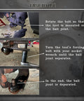 Heavy Duty Universal Ball Joint Separator Tool Adjusts From One Half To Seven Eighth Inch in use, showing ball joint separation process.