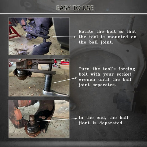 Heavy Duty Universal Ball Joint Separator Tool Adjusts From One Half To Seven Eighth Inch in use, showing ball joint separation process.