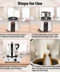 Steps for using the 14 Cup Aluminum Moka Pot Stovetop Espresso Brewer 700ml 23oz Percolator, shown with water and coffee