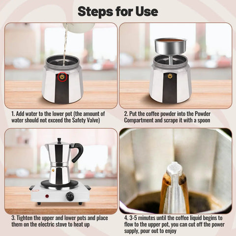 Steps for using the 14 Cup Aluminum Moka Pot Stovetop Espresso Brewer 700ml 23oz Percolator, shown with water and coffee