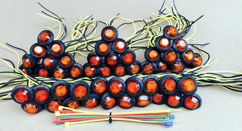 50 Pcs Three Quarter Inch Amber LED Marker Lights Kit with wiring and zip ties, Round Amber Side Marker And Clearance Lamps