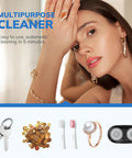 Woman showcasing jewelry with images of cleaning uses, including keys, coins, and toothbrushes, promoting Portable Ultrasonic Jewelry Cleaner 42kHz 7.4 Oz 220ml Deep Cleaning Machine for Dentures Retainers Aligners Jewelry Coins White Go To At Home Sonic Cleaner.