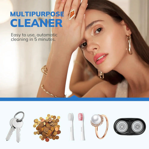Woman showcasing jewelry with images of cleaning uses, including keys, coins, and toothbrushes, promoting Portable Ultrasonic Jewelry Cleaner 42kHz 7.4 Oz 220ml Deep Cleaning Machine for Dentures Retainers Aligners Jewelry Coins White Go To At Home Sonic Cleaner.