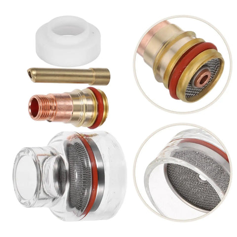 Heavy Duty Tig Welding Glass Cup Nozzle For Wp17 18 And 26 Torch 2.4mm components showcasing durable glass and metal design.