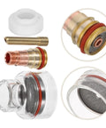 Heavy Duty Tig Welding Glass Cup Nozzle Set For Wp 17 18 And 26 Torches With 2 4 Mm Copper Insert showing the kit's components and material details.