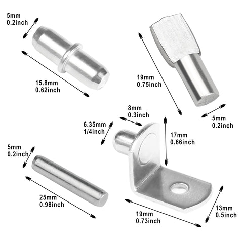 Rock Solid 108 Piece Shelf Pins Kit featuring premium nickel plated steel cabinet pegs in various sizes and shapes for storage.
