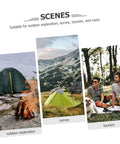 Scenes of camping with green tents in nature, outdoor exploration and survey, promoting adventure tourism