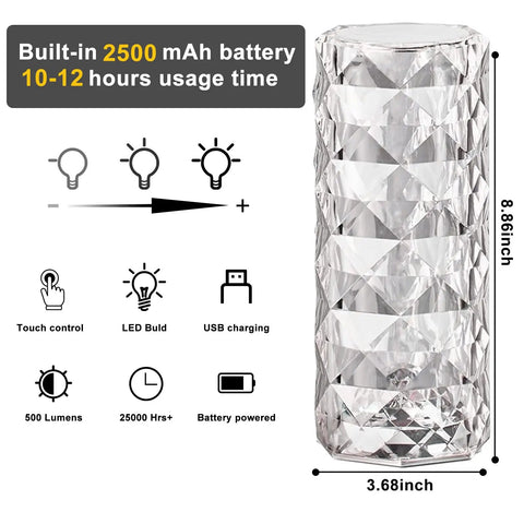 Touch Control Rose Crystal Lamp With USB Port 16 RGB Color Changing LEDs Romantic Diamond Table Lamp with dimensions shown