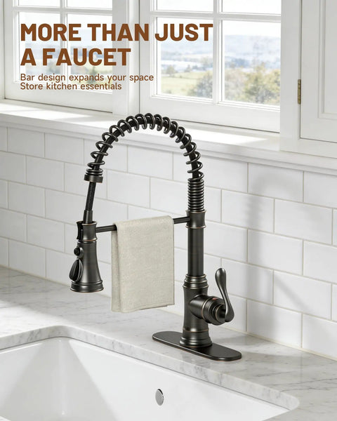 Oil Rubbed Bronze Kitchen Sink Faucet With Pull Down Sprayer, 3 Spray Modes, Solid Brass Commercial Single Handle High Arc Design