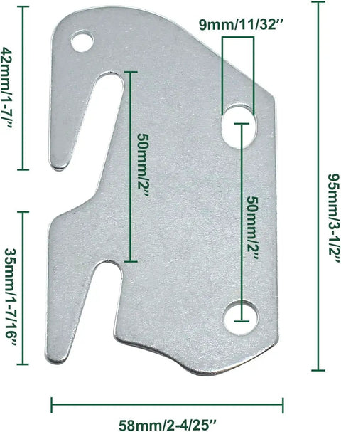 Badass 2 Pack Bed Rail Hook Plates For Pickup Trucks, 13 gauge steel, dimensions marked, designed for secure truck bed attachment.