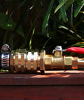 Garden Hose Adapter Set 3/4 Inch Brass GHT Double Female Swivel Connectors in garden setting, includes washers and tape