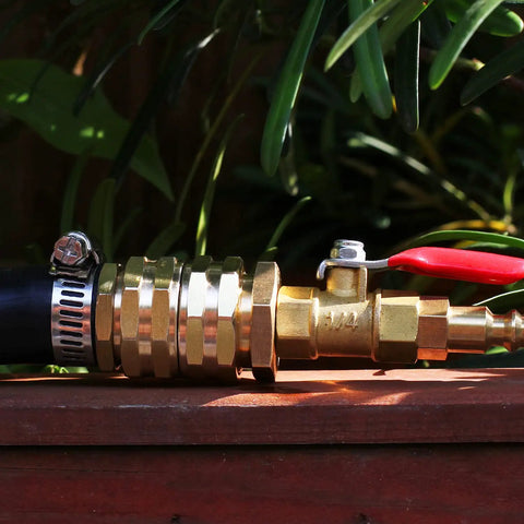Garden Hose Adapter Set 3/4 Inch Brass GHT Double Female Swivel Connectors in garden setting, includes washers and tape