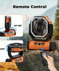 Camping Fan With 20000mAh Battery And LED Lantern showing remote control operation and adjustable angles feature