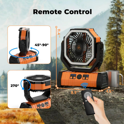 Camping Fan With 20000mAh Battery And LED Lantern showing remote control operation and adjustable angles feature