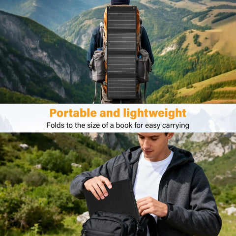 Person using 40W Foldable Solar Panel Charger With USB C PD And USB A QC Fast Charging in outdoor setting, showing portability.