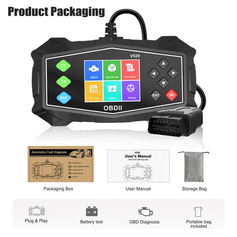 OBD2 Diagnostic Tool And Code Reader For All OBDII Cars 1996 And Up shown with packaging, user manual, and storage bag