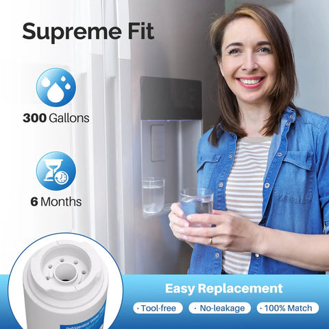 Woman using 2 Pack Replacement Refrigerator Water Filter For Whirlpool And Maytag EDR4RXD1 UKF8001 for fresh clean water