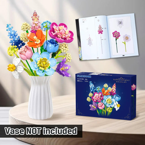 Flower Bouquet Building Kit For Adults And Kids 8 Plus, 13 Colorful Stems From 8 Varieties Like Peony, Rose, Hydrangea, Snowball, Narcissus, Snapdragon, And Consolida, A Dope DIY Home Decor Gift For Creative Crafters, 888 ABS bricks, vase not included
