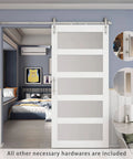 Installed 36 Inch By 84 Inch 5 Panel Glass Barn Door With Six Point Six Feet Brushed Nickel Sliding Hardware And Handle Frosted Glass Solid Wood Core With Waterproof PVC Surface Pre Drilled For Easy Assembly White in bedroom view.