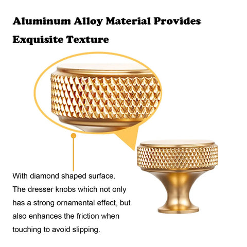Gold Cabinet Knobs 25 Pack for Dresser and Furniture, Knurled Diamond Surface Metal Drawer Pulls, close-up texture view
