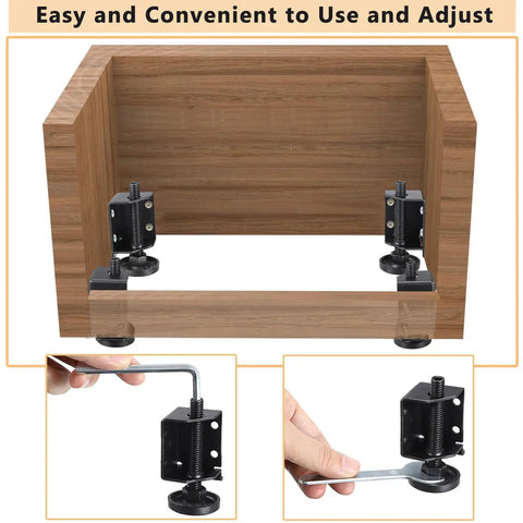 Heavy Duty Adjustable Furniture Leveler Feet With Corner Edge Guards And Tight Lock Nuts Squashes Wobbly Furnishings close-up of installation process