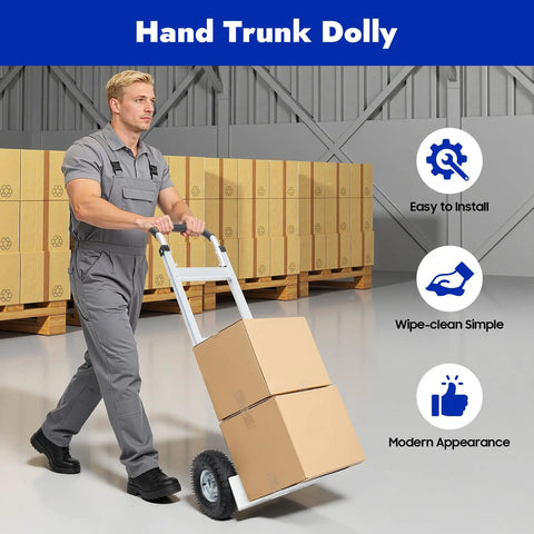 Heavy Duty Aluminum Hand Truck Dolly With 500 Lbs Capacity, Beefed Up Alloy Hand Cart For Moving Boxes And Equipment, Rugged Rust Resistant Design For Worksites, shown moving boxes in warehouse