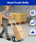 Person using Heavy Duty Aluminum Alloy Hand Truck With 500 Lb Capacity Rolling Dolly Cart in a warehouse with boxes.
