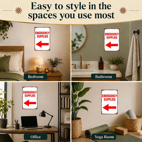 Retro Emergency Supplies Metal Sign Wall Decor 8x12 Inch Aluminum Panel For Home Garage Shop Bar Barn Rustic Vibe Durable Retro Look That Pops On Any Wall And Keeps Your Space Feeling Cool. shown in bedroom bathroom office yoga room