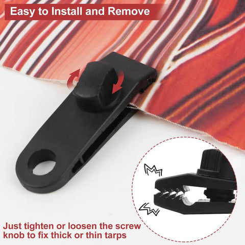 Close-up of black tarp clip from Beefed Up 12 Inch Bungee Cords With Hooks And 10 Tarp Clips, clamping a red-striped tarp