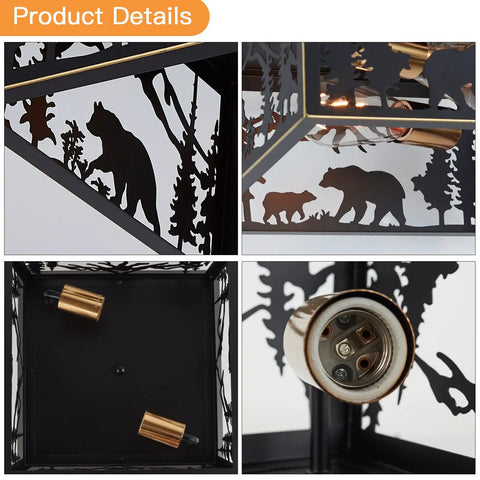 Close-up of bear design on Bear Rustic 2 Light Farmhouse Flush Mount Ceiling Light With Metal Cutout Sides In Anti Rust Black Finish