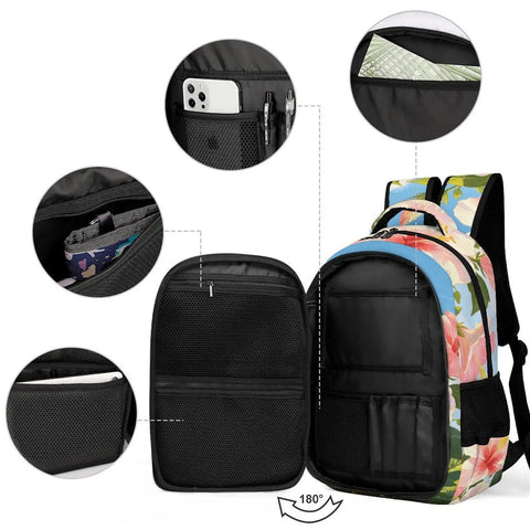 Blue Sky Hibiscus Print Backpack for Everyday Use Unisex Large Capacity Daypack with open compartments and pockets view
