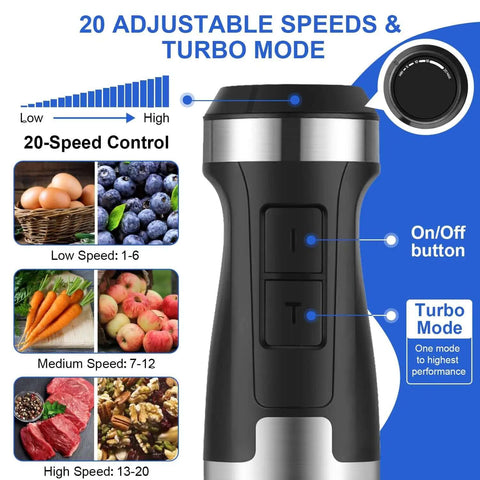 Powerful 1500W Corded Immersion Blender Handheld 5 In 1 Mixing Kit With 20 Speed Options Turbo Boost showing control panel and speed range.